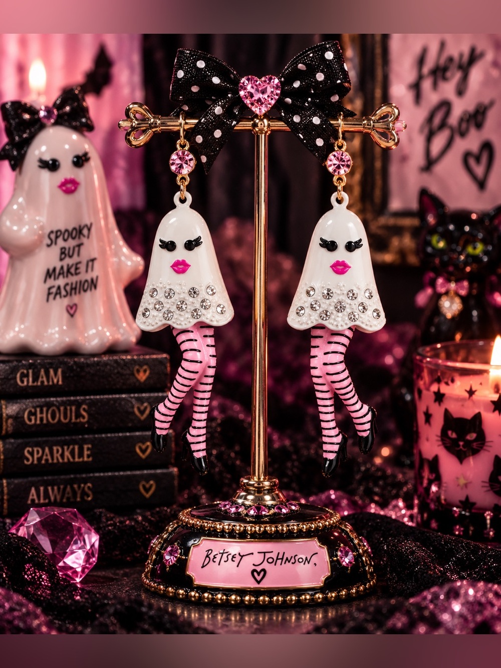 Authentic Betsey Johnson Pink & White Glam Ghost with Striped Legs Earrings NWT